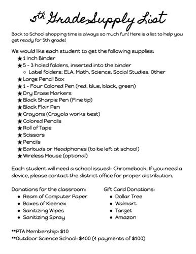 White paper with list of 5th grade supplies request
